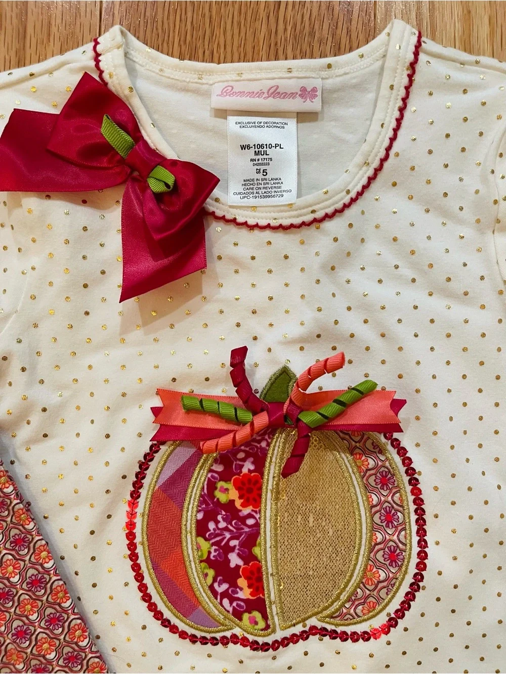 Bonnie Jean Cream & Red Pumpkin Appliqué Tunic Set